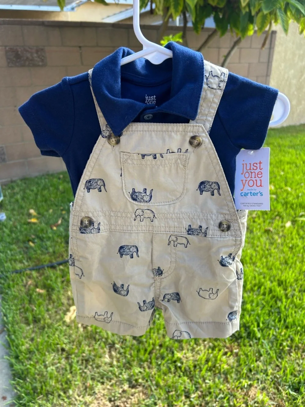 Carter's Navy Polo with Tan Elephant-Print Short Overalls